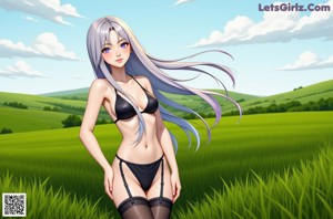 A woman with long blonde hair wearing a gray bikini.