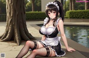 A woman in a maid outfit is sitting by a pool.